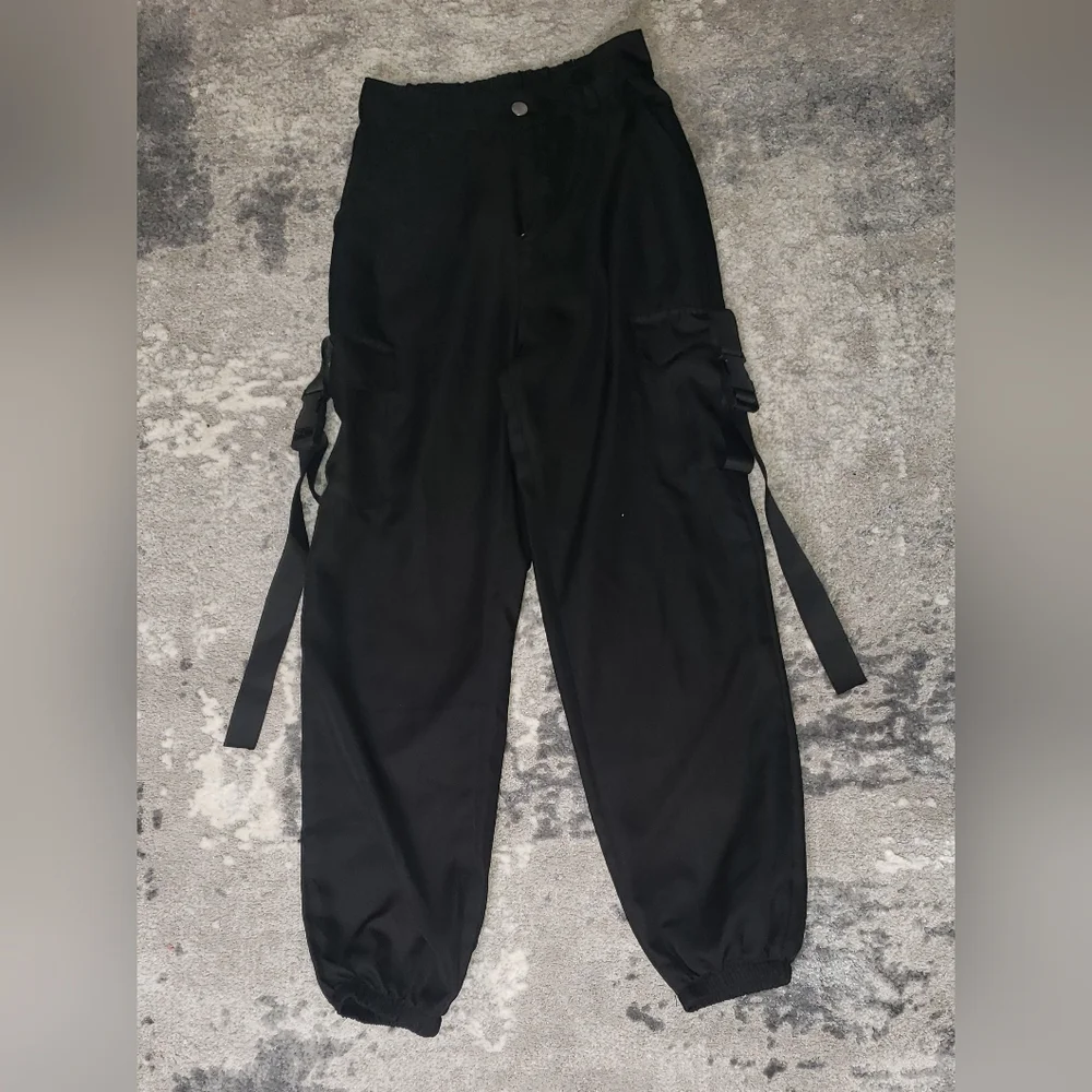 Cargo Black Pants With Strap & Clip Side Pockets - Picture 1 of 4